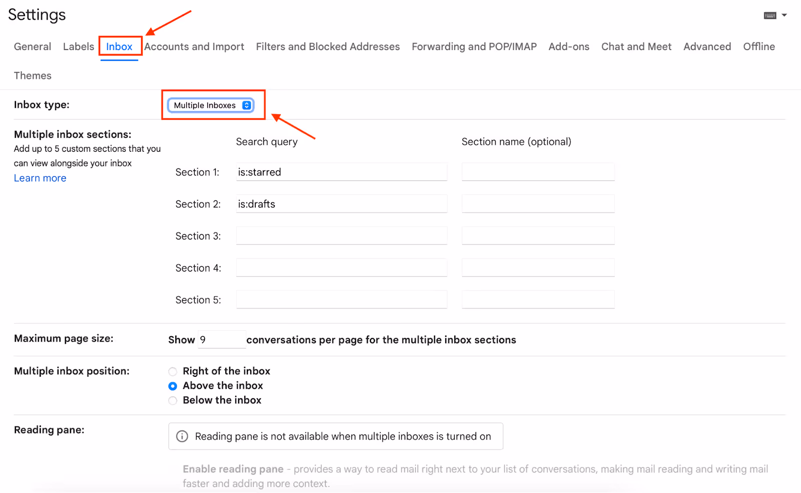 A screenshot of Gmail Inbox Settings showing the option for Multiple Inboxes