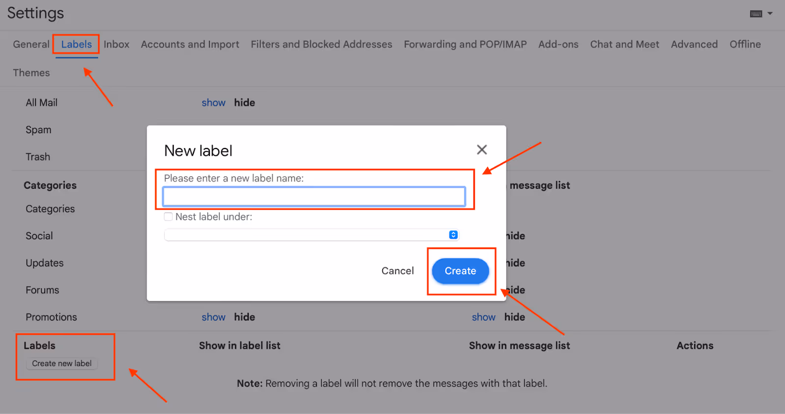 A screenshot of a window in Gmail Settings showing the Labels section