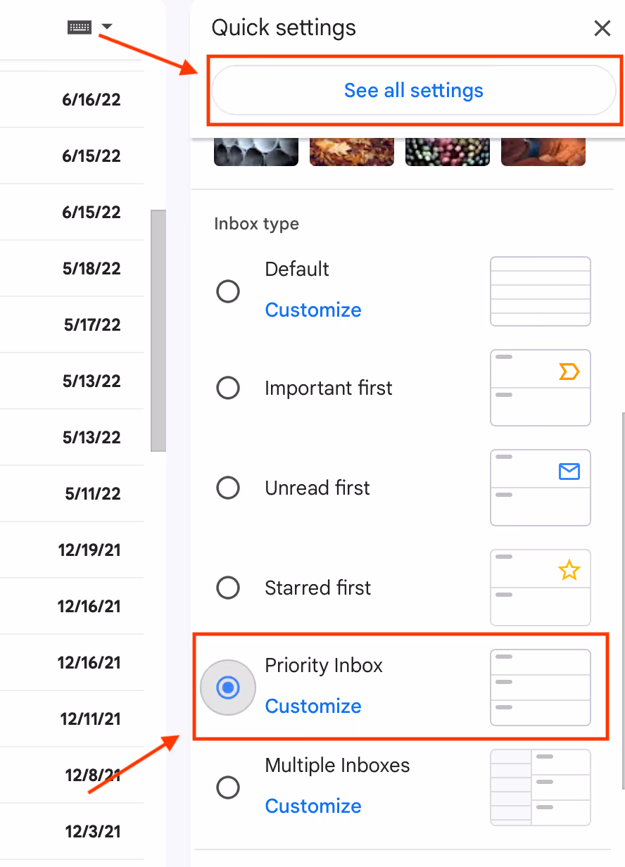A screenshot of Gmail Settings menu with Priority Inbox selected