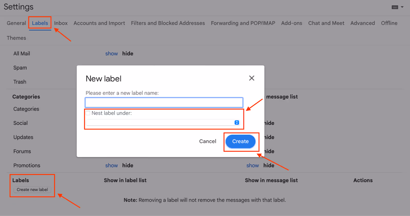 A screenshot of Gmail Label Settings showing a window for creating a label and organizing with nested label