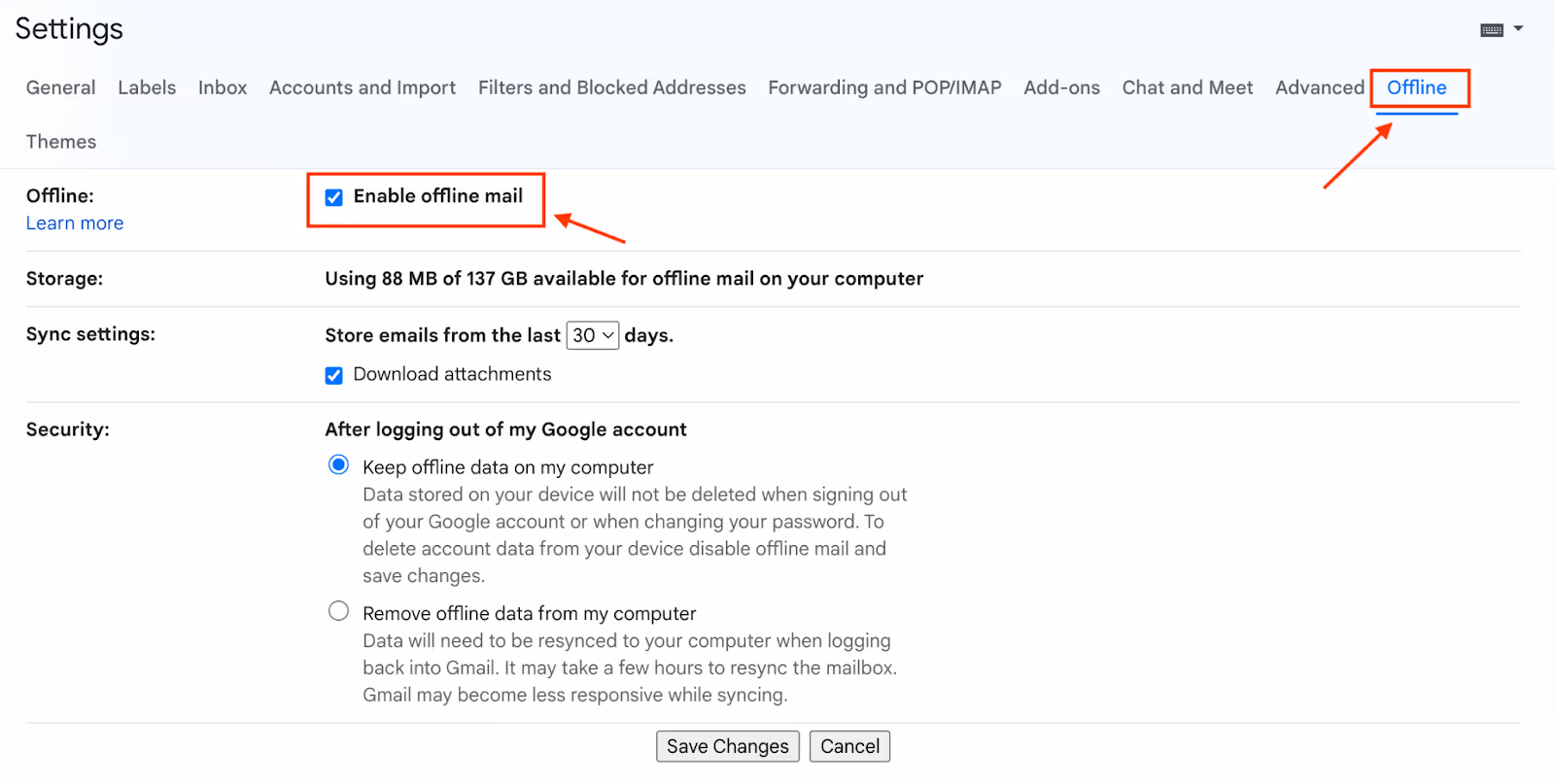 A screenshot of Gmail Offline Settings with Enable offline mail section turned on