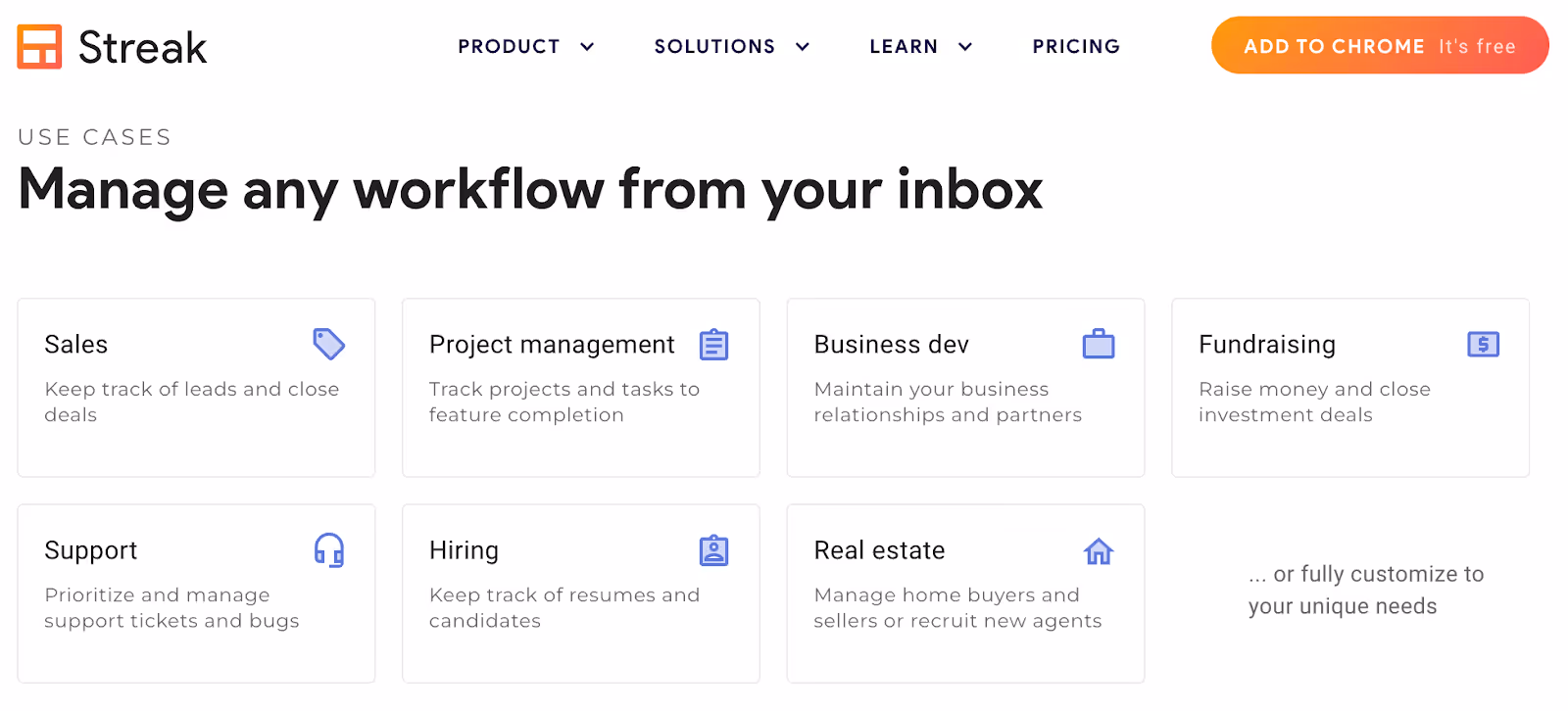 A screenshot of the Streak page featuring the different workflows you can manage to make your work easier
