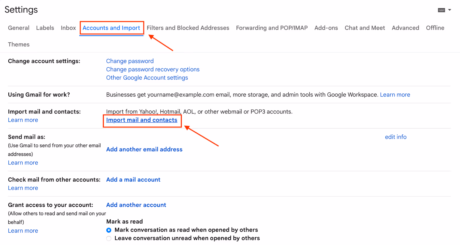 A screenshot of the Account and Import Gmail Settings featuring the Import mail and contacts section which enables you to consolidate multiple Gmail accounts in one central place so you can check all your emails at once and stay organized and responsive