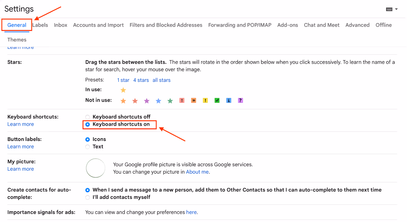 A screenshot of the mail General Settings with Keyboard shortcuts section enabled