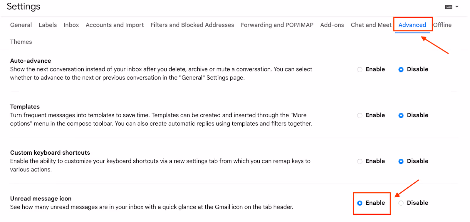A screenshot of Gmail Advanced Settings with Unread emails icon section enabled