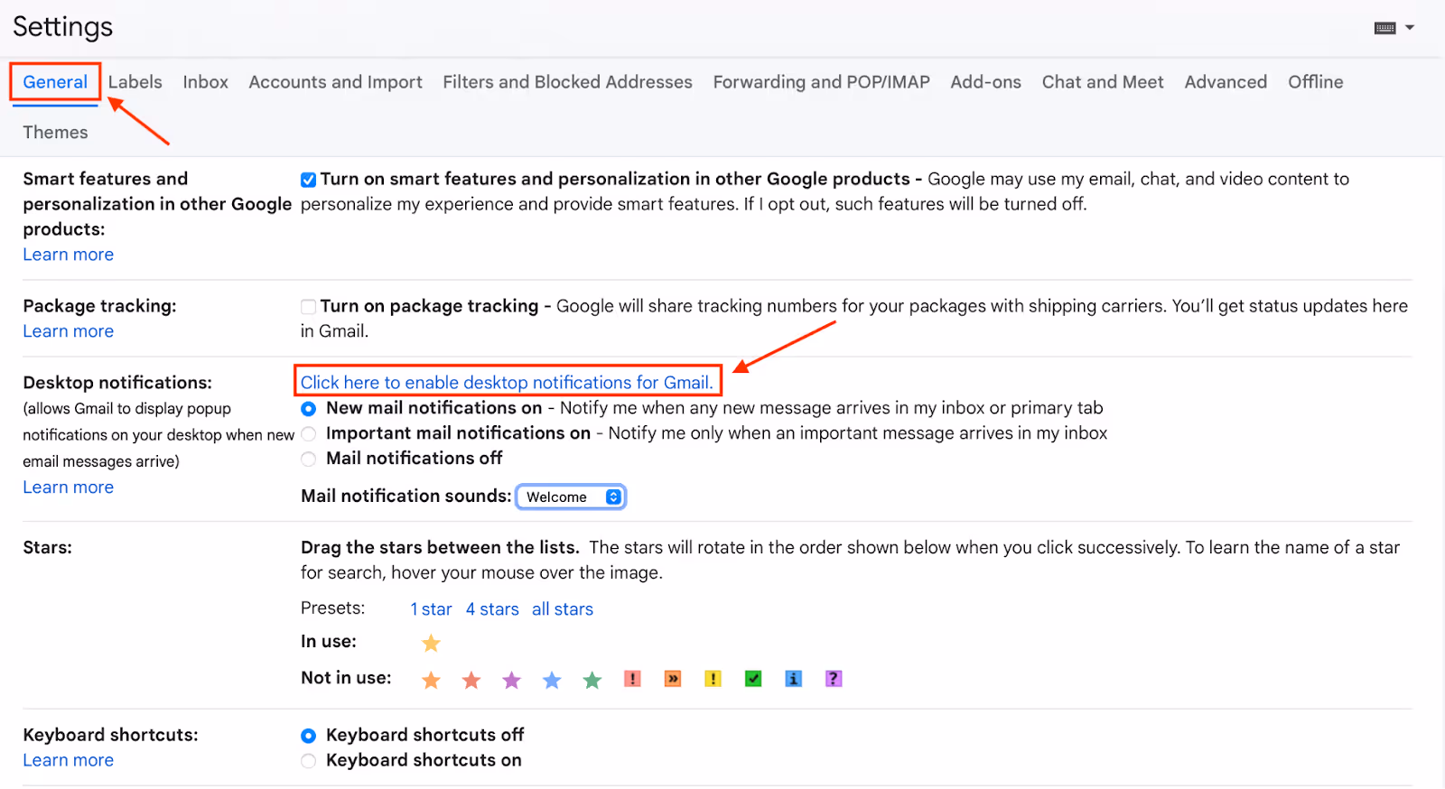 A screenshot of Gmail General Settings with Desktop notifications section enabled
