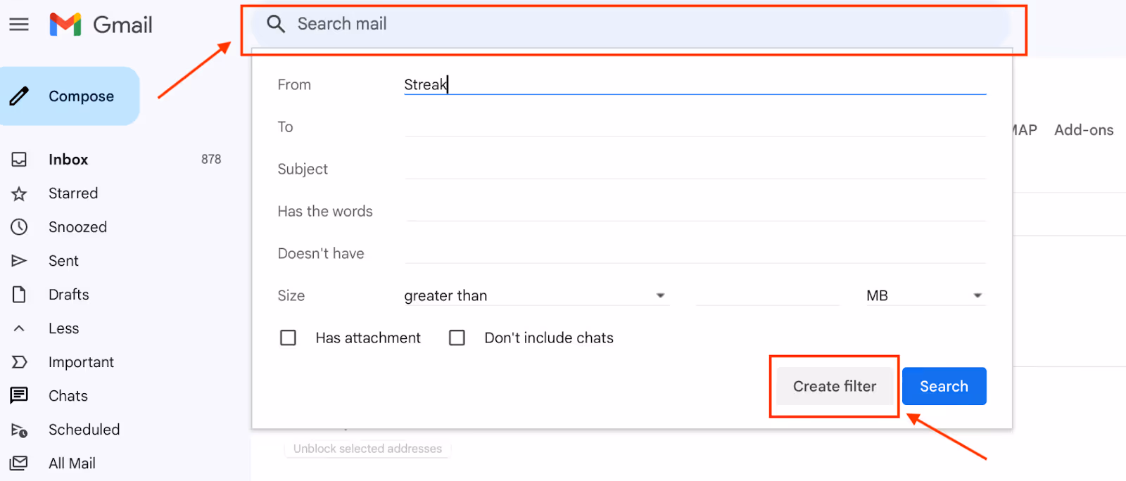 A screenshot of the window that pops up when clicking the Gmail search bar menu