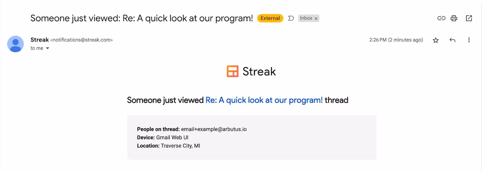 A screenshot of an email notification of your email being opened, a useful email tracking feature.
