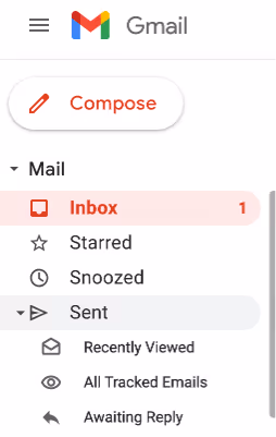 A Gmail menu showing the Sent mail folder and the folders under it, one of those are for all tracked emails