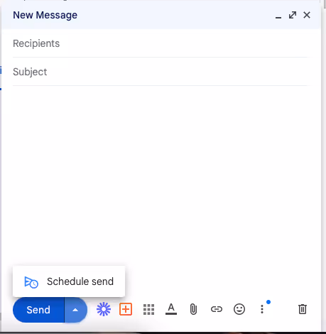 A screenshot of Gmail Compose featuring the Schedule send option in the Send tab