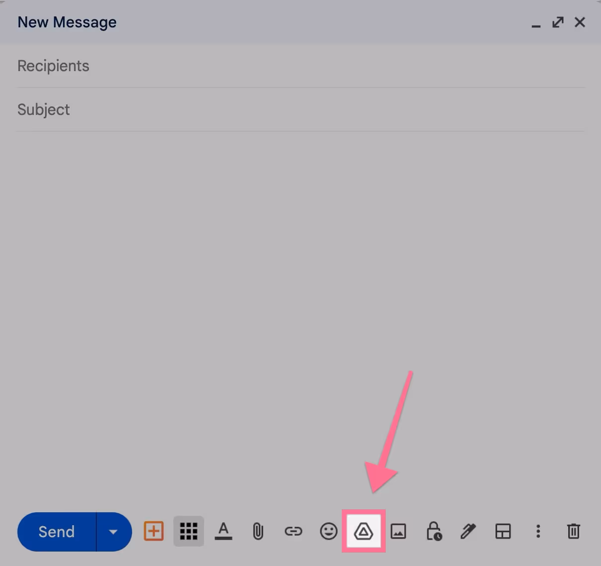A screenshot of Gmail's Compose highlighting the Google Drive icon in the toolbars below where you can insert files