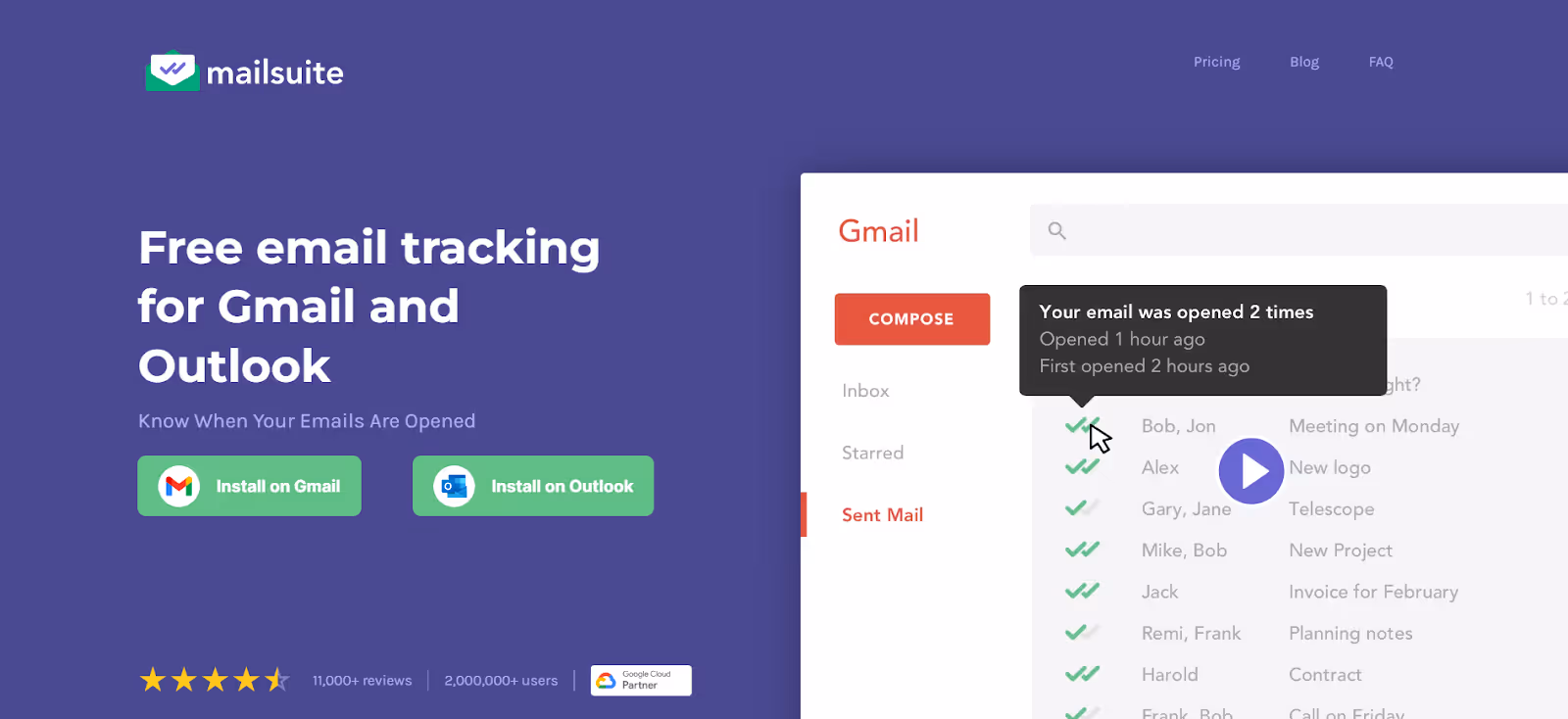 A screenshot of the Mailsuite webpage
