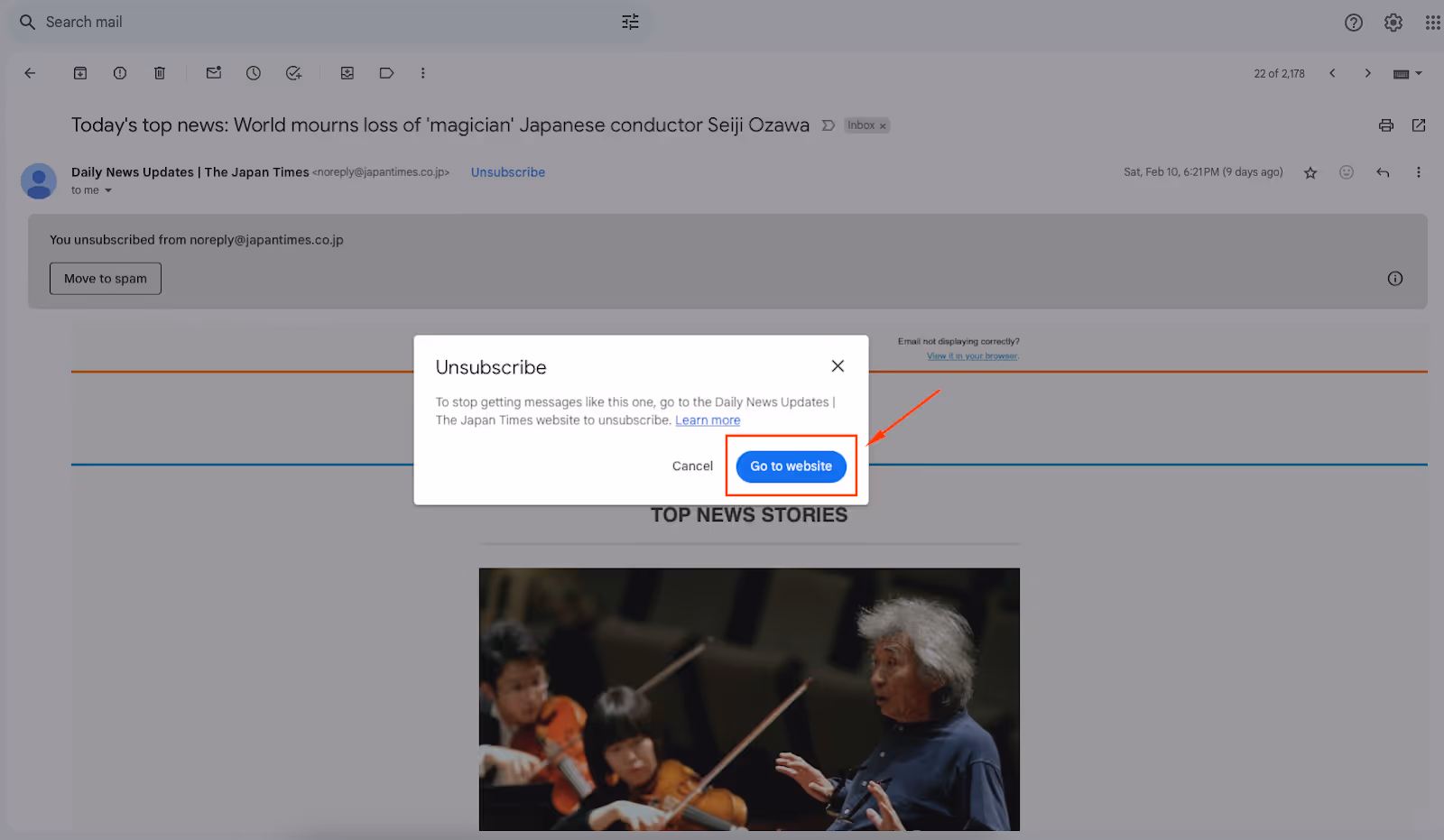A screenshot of an email with Unsbscribe button beside the sender email address at the top and a dialogue box. The dialogue box appears once you click Unsubscribe, to confirm your decision.