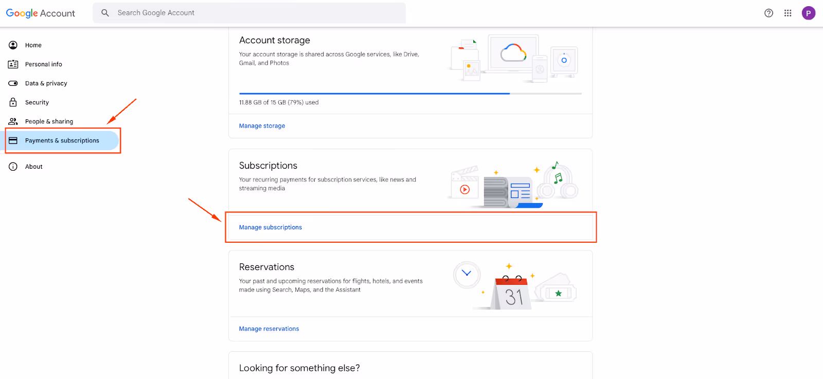 A screenshot of the page in Google Account highlighting the Payments & subscriptions section