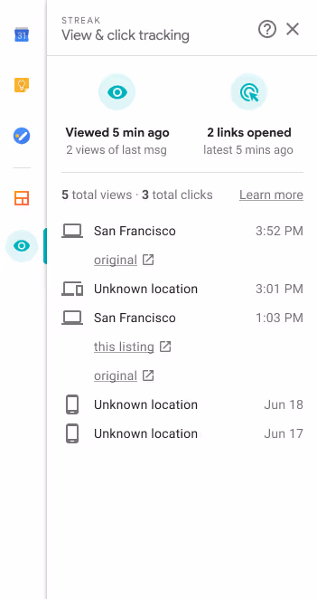 A screenshot of the history of email views and clicks for the entire email conversation in the Streak sidebar