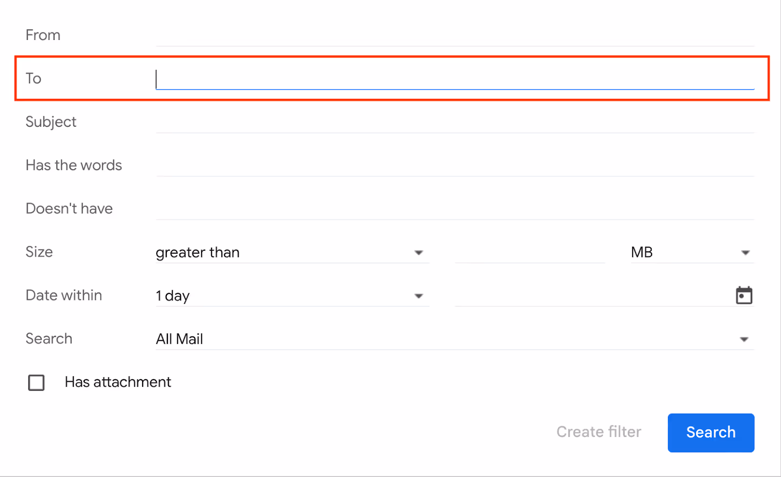 A screenshot of the dropdown menu under the Gmail search bar at the far left corner of the box