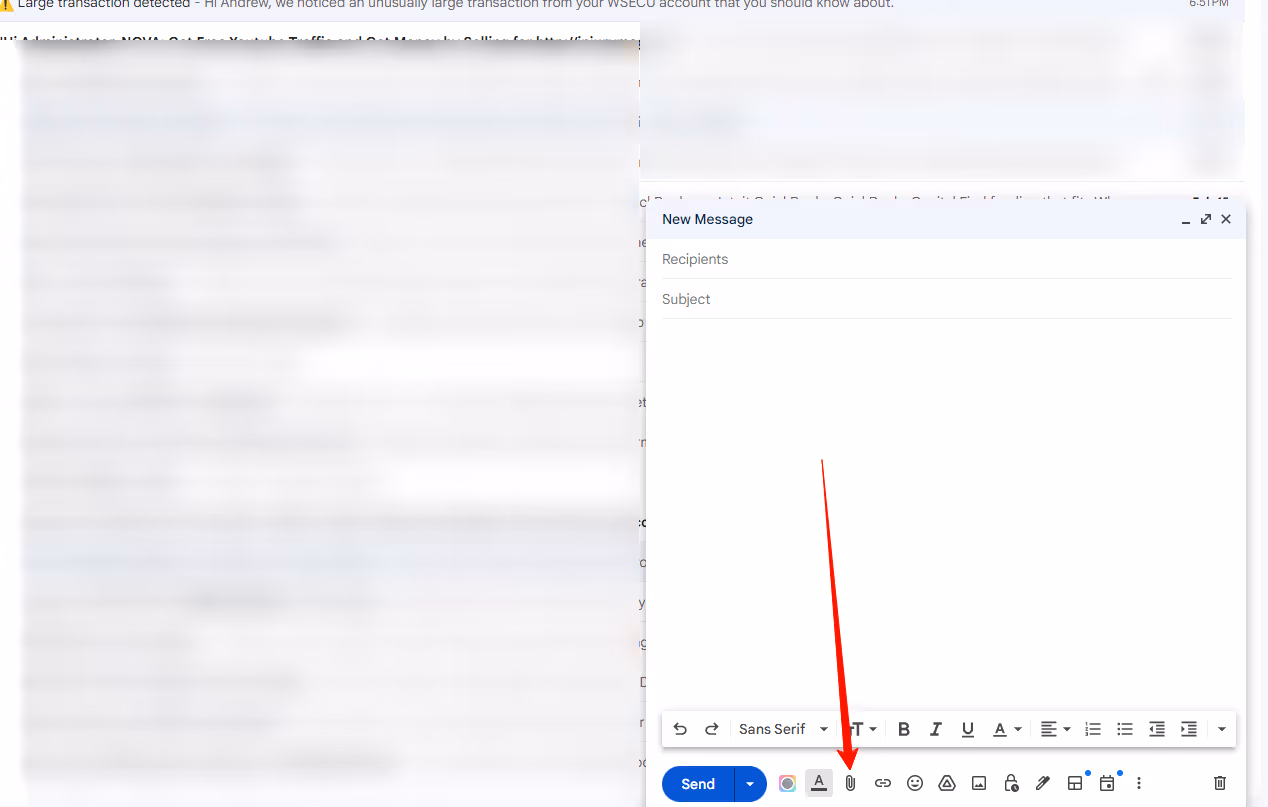 A screenshot of the Gmail Compose showing the attachment file icon in the toolbars below