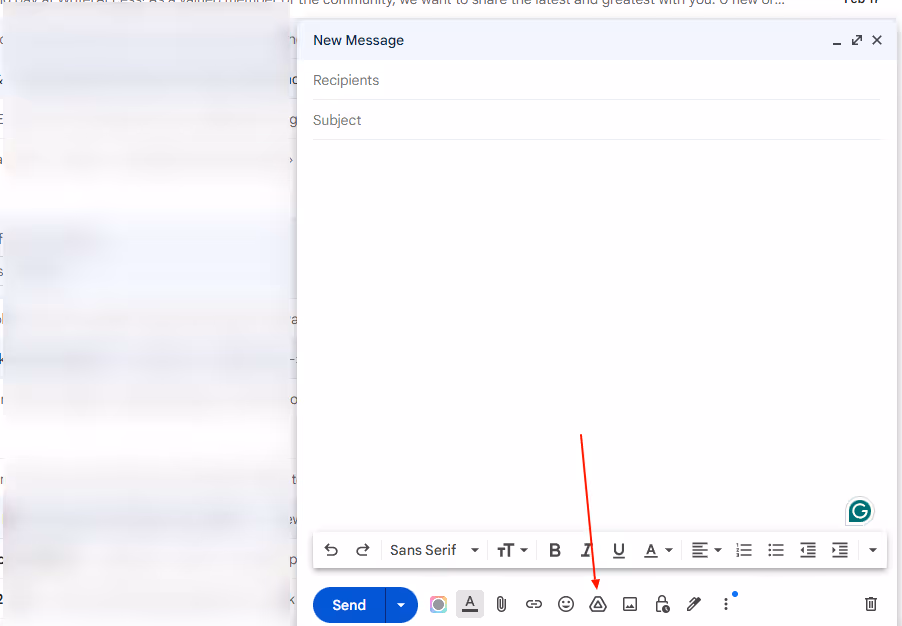 A screenshot of Gmail Compose featuring the GDrive tool where you can insert your files using the Drive, another way to attach files