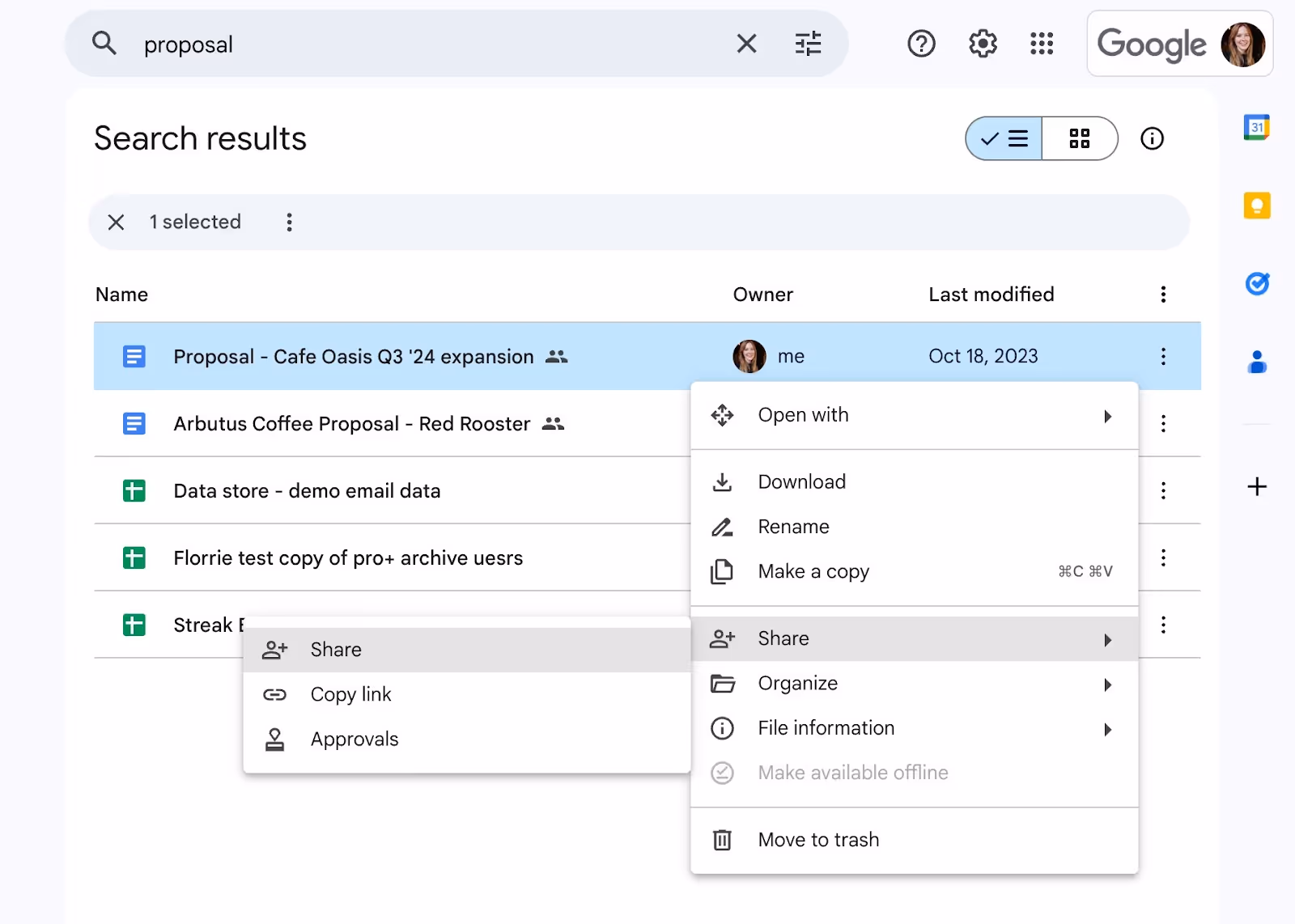 A screenshot of what's inside a Google Drive showing what's inside the drop down menu or the three dots, highlighting the Share function