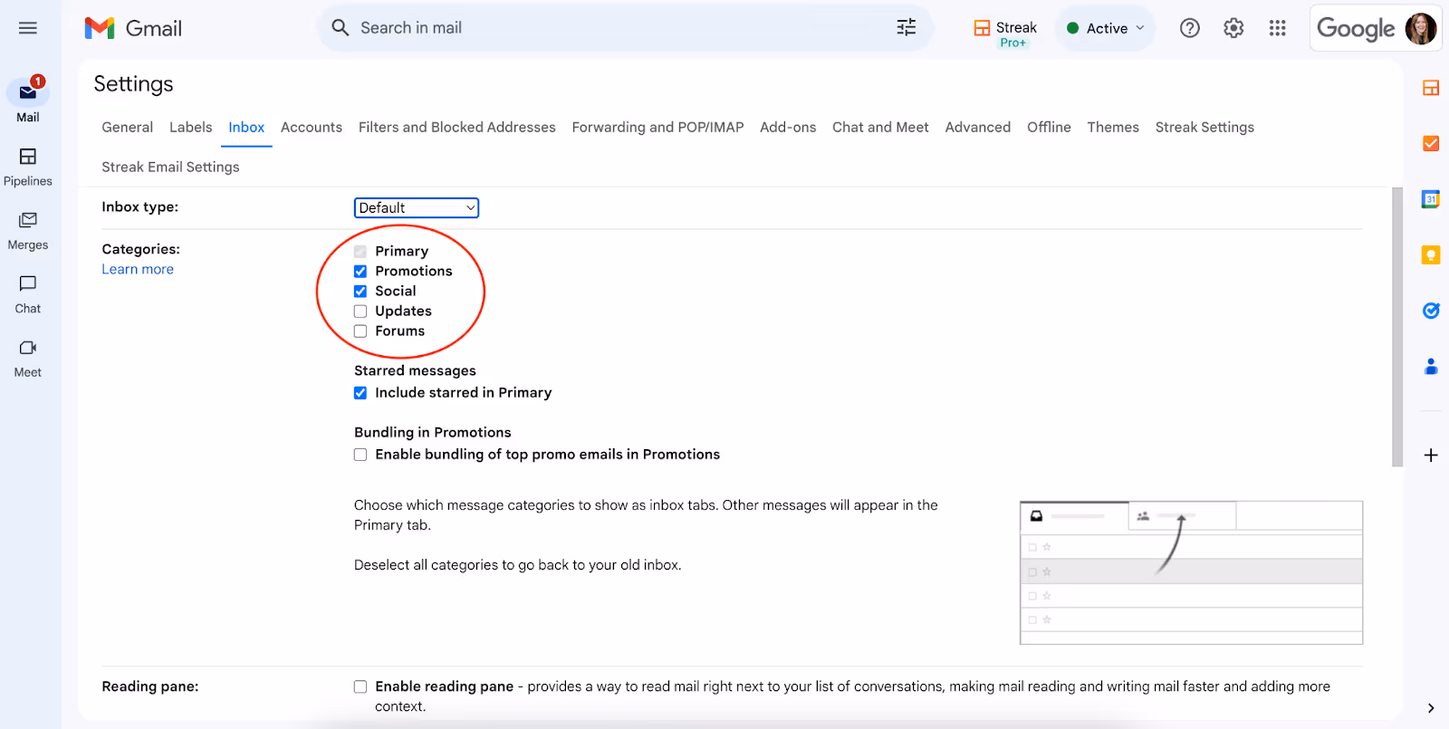 A screenshot of the categories inside the Google Settings after clicking the Inbox Type then Default