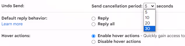 A screenshot of the Gmail Settings for the Send cancellation period where you can adjust Gmail's Undo Send default time window from 5 seconds to up to 30 seconds
