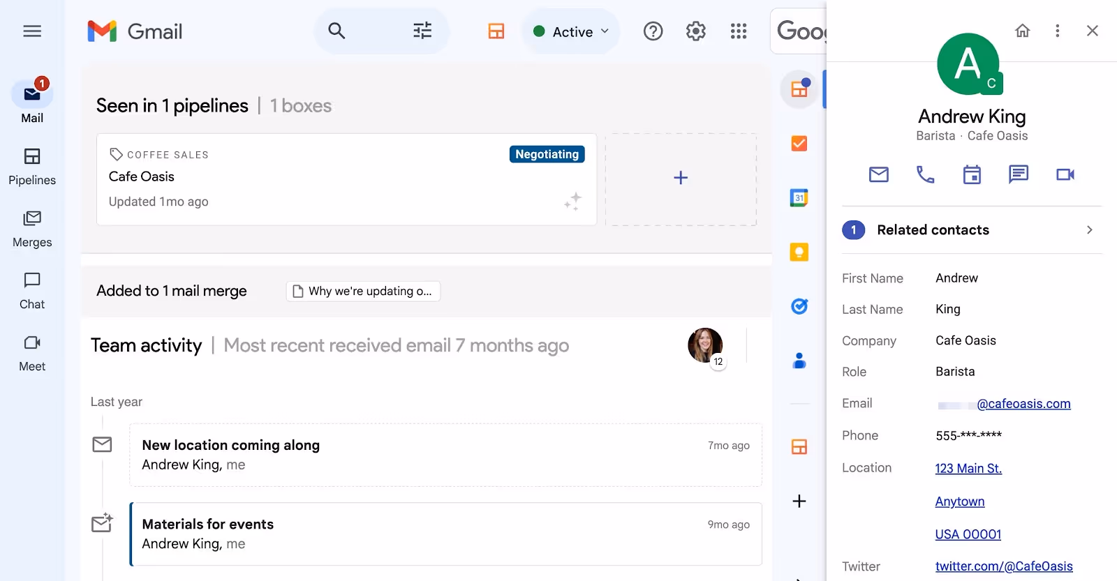 Zight 2024-03-07 at 12.58.22 PM; a screenshot of automatic contact page where one can see the interaction under one contact information using Streak in Gmail