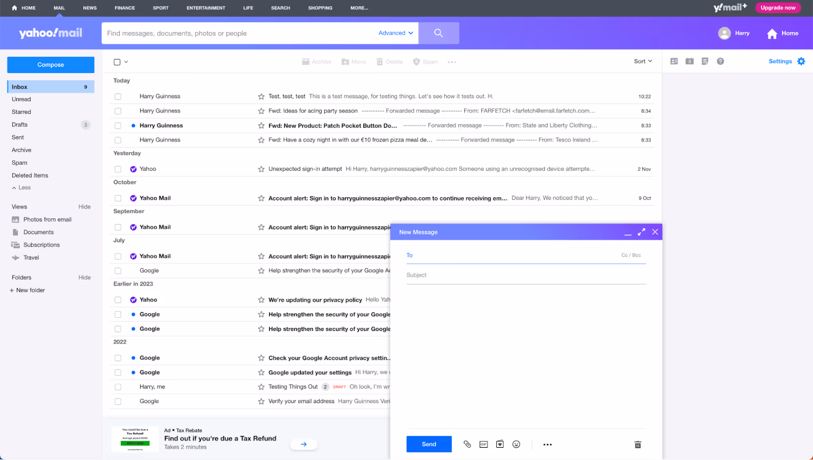 A screenshot of the Yahoo interface with the Compose opened