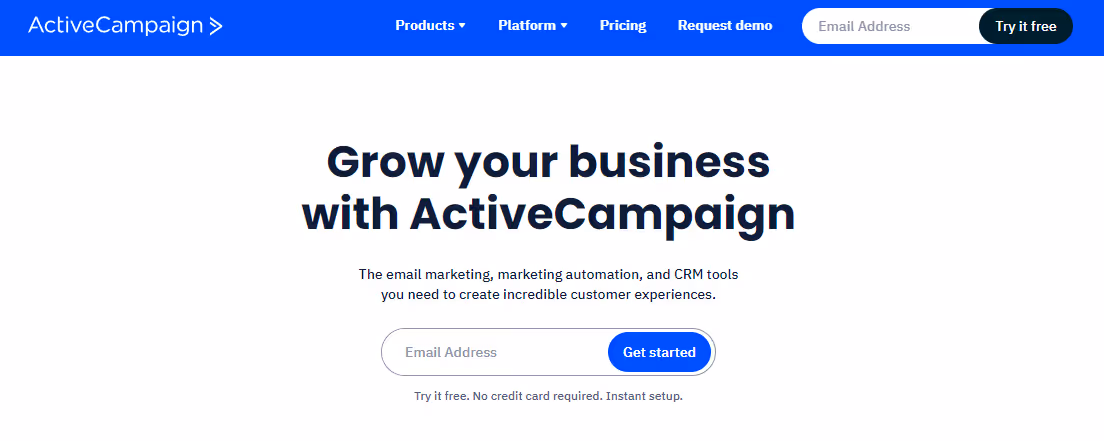 A screenshot of ActiveCampaign website homepage hero section