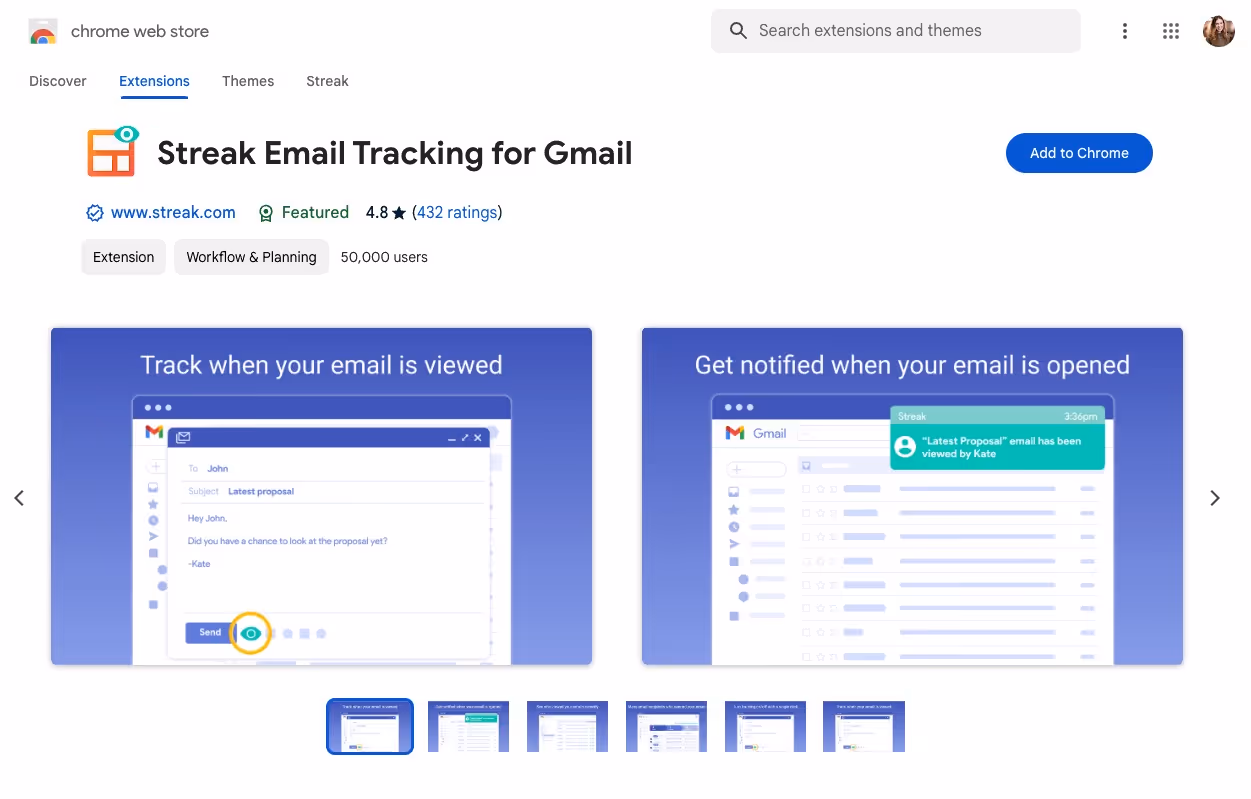 screenshot of the chrome web store listing for Streak Email Tracking for Gmail