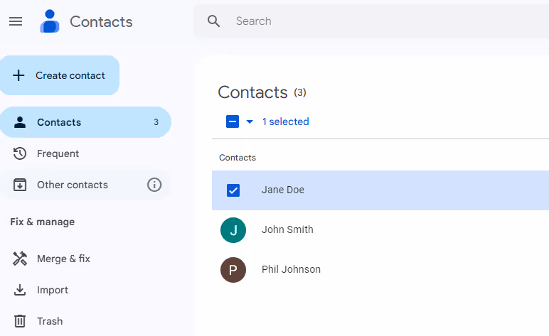 A screenshot of the Google Contacts page showing a contact with a name of Jane Doe having been selected