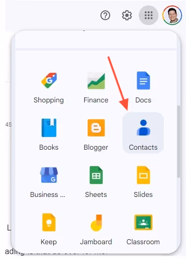 A screenshot of the dropdown menu showing the features inside the Apps icon, and a red arrow pointing to the Contacts icon
