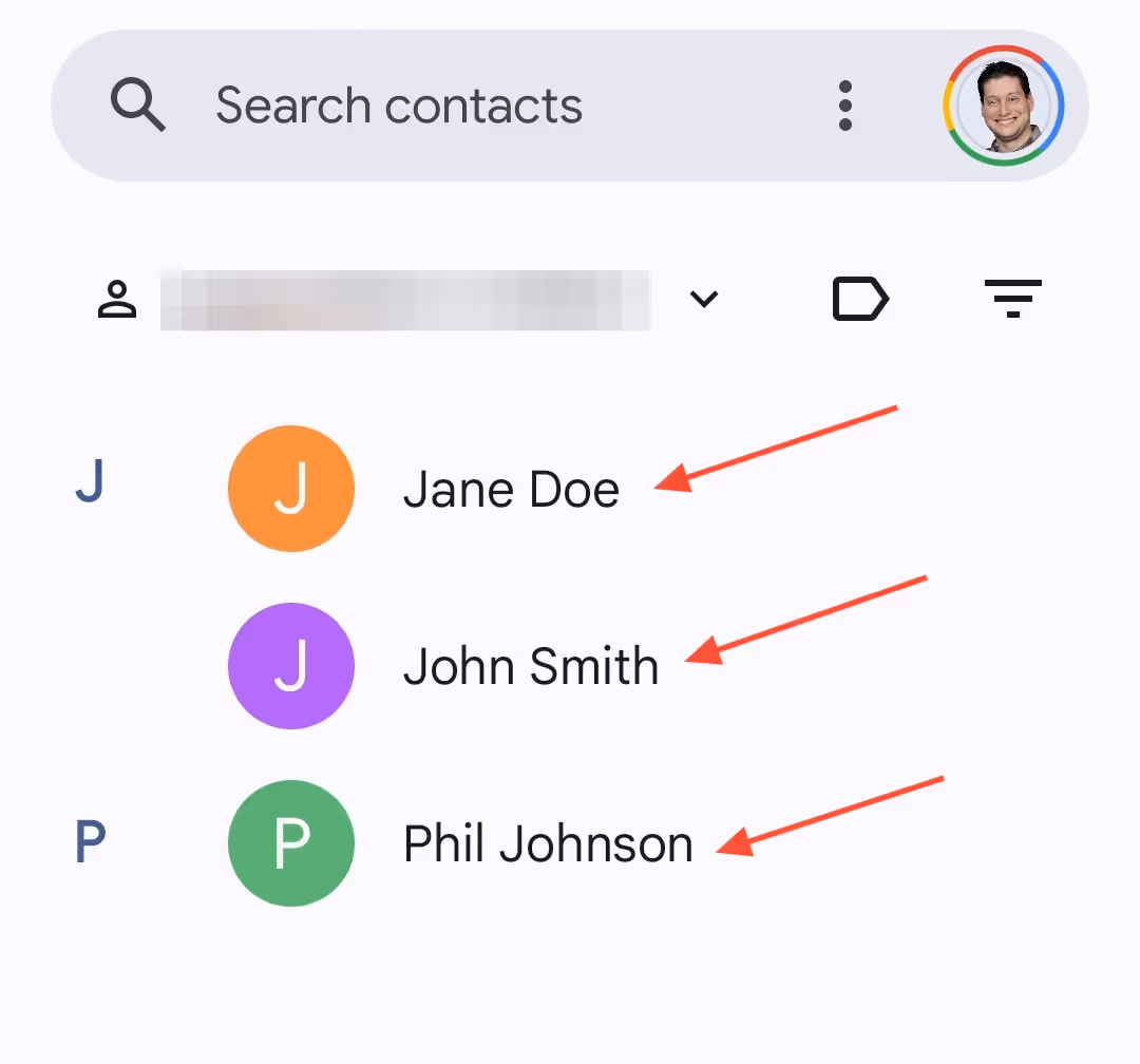 A screenshot of the Google Contacts page in an Android device with red arrows pointing to names in the contacts list