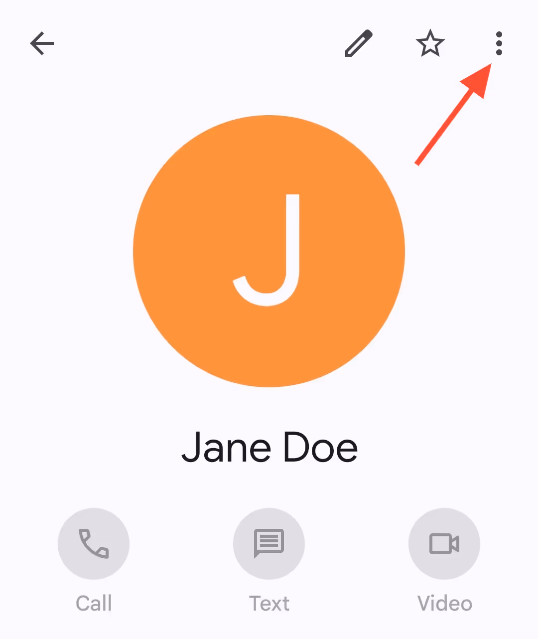 A screenshot of the selected contact name in an Android device, with a red arrow pointing to the hree dots at the top right corner of the contacts profile image