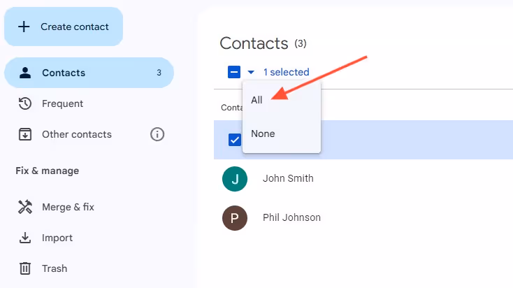 A screenshot of Google Contacts page showing a pop-up window from the frop down arrown above the contacts list, and a red arrow pointing to All option for selecting multiple contacts