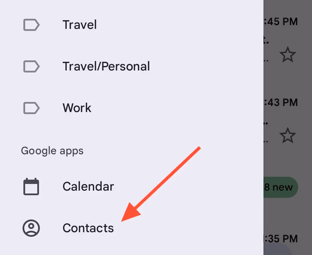 A screenshot of the drop down menu under the three horizontal lines in the Gmail app in an Android device, with a red arrow pointing to the Contacts section