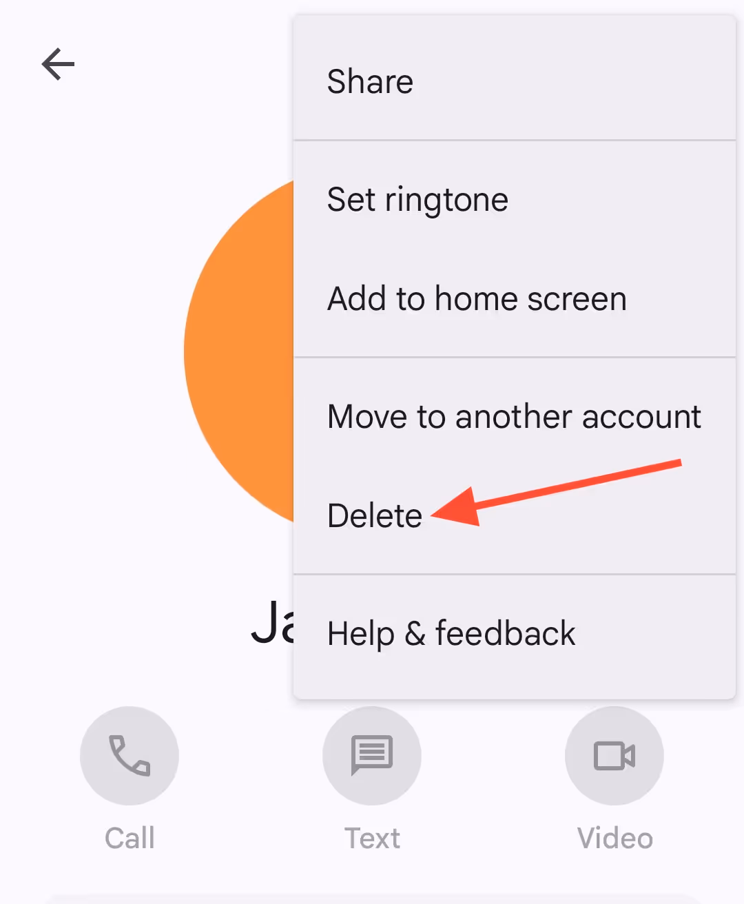 A screenshot of the drop down menu under the three dots above the top right of the contact profile image, with a red arrow pointing to the Delete section, as viewed in an Android device