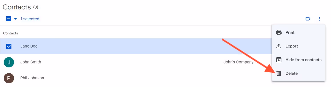 A screenshot of Google Contacts page showing the menu from the three dots and a red arrow pointing to the Trash icon