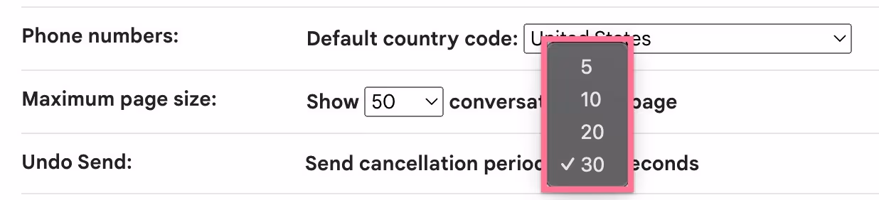 screenshot of undo send time frame options in Gmail