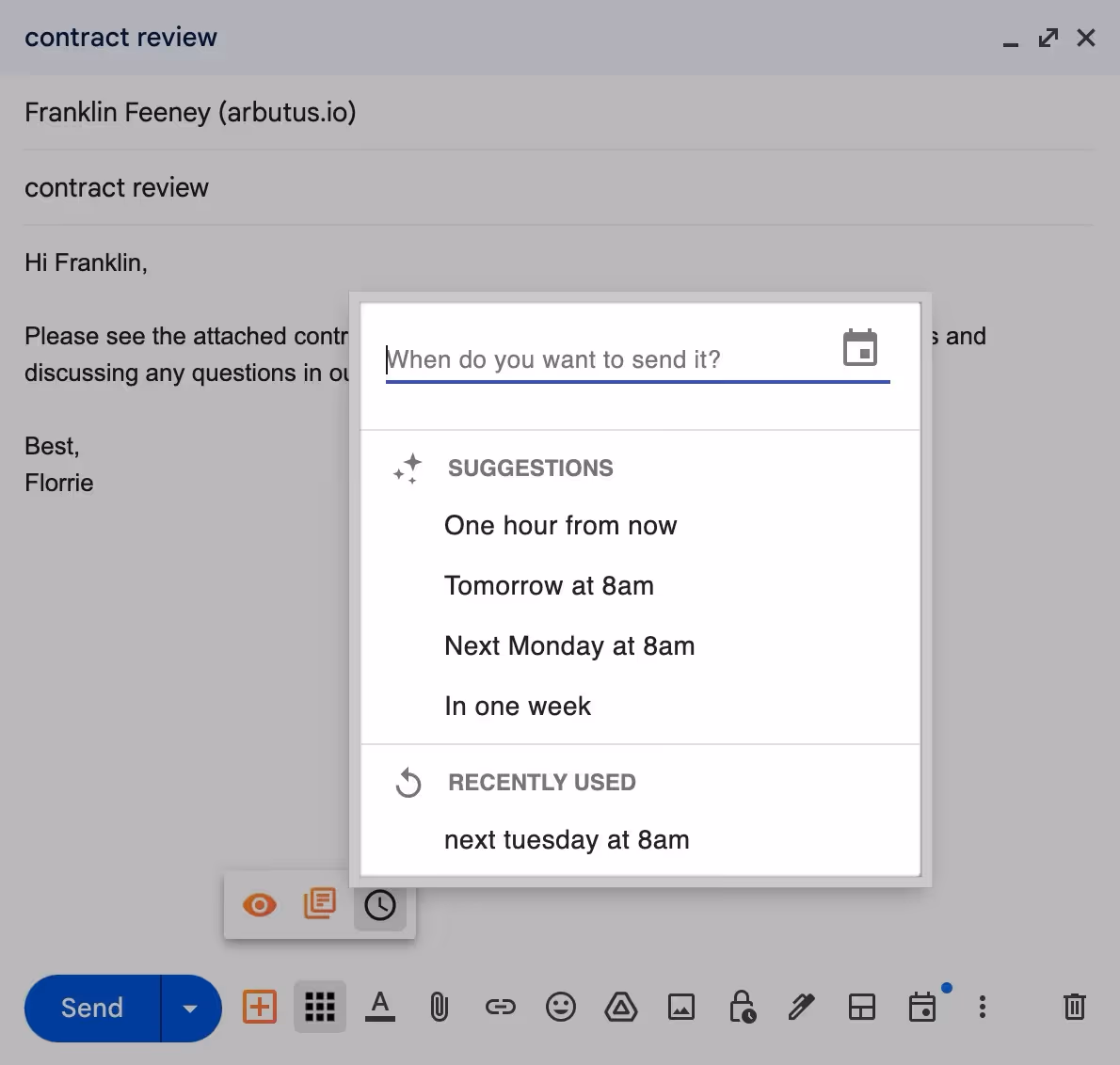 a screenshot of streak's schedule send feature in a gmail compose window