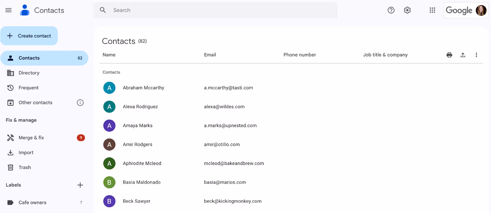 a screenshot of the Google Contacts page showing the list of contacts with their name and corresponding email