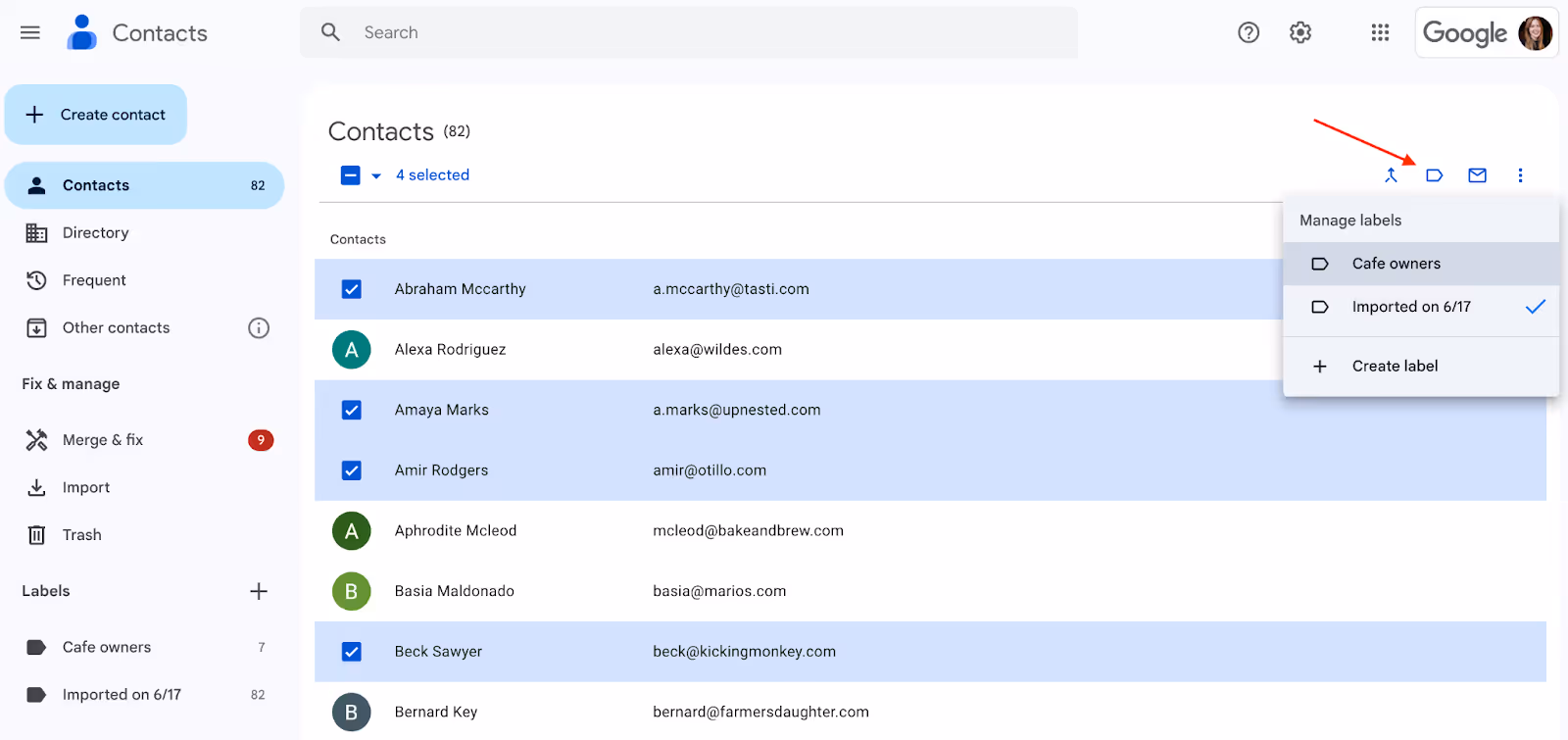 a screenshot of the Google Contacts page showing the creation of a contact group, where contacts are selected and then labelled using the "Manage Labels" feature at the top right of the screen