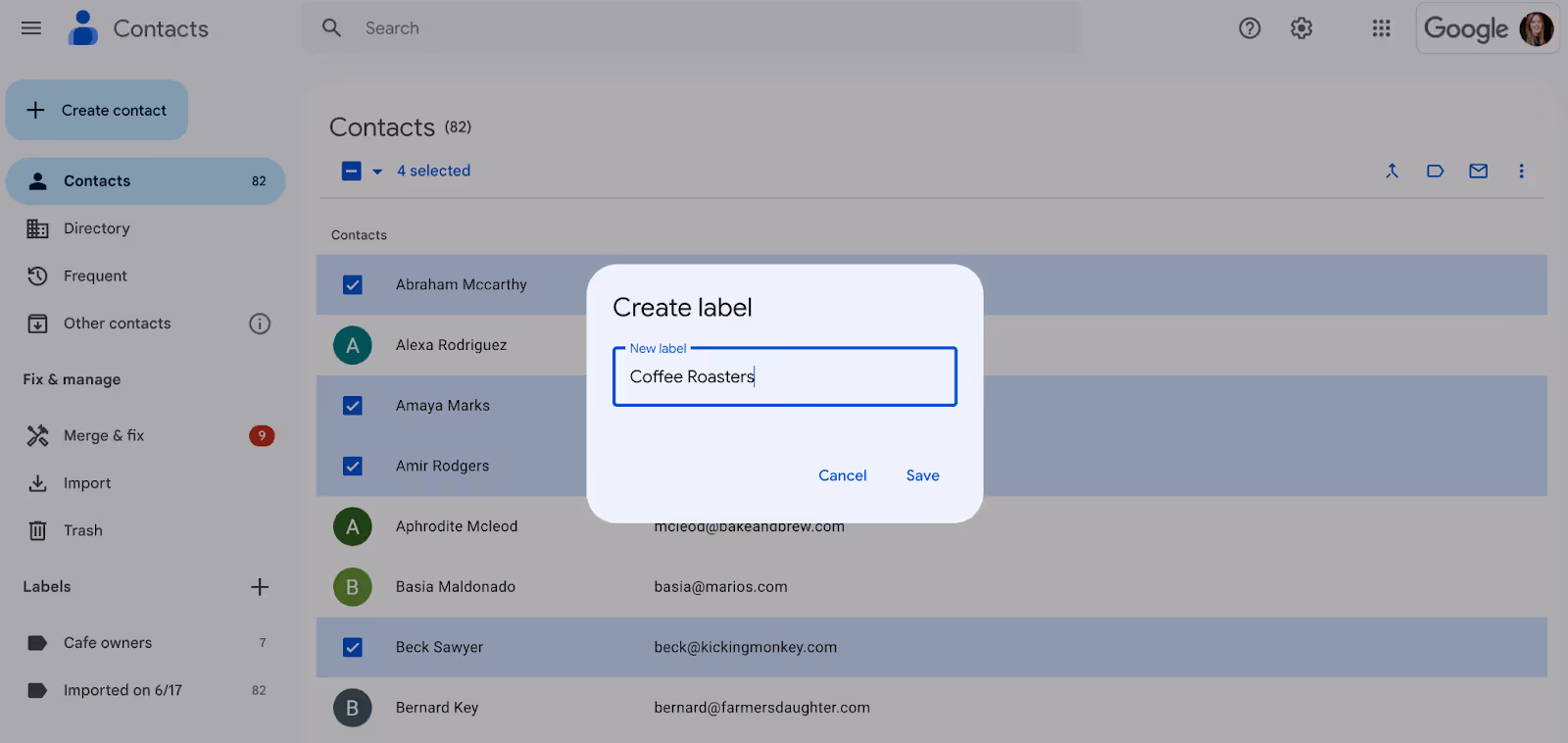 a screenshot of the Google Contacts page with the open window to Create label so you can send emails to this specific group through with that label