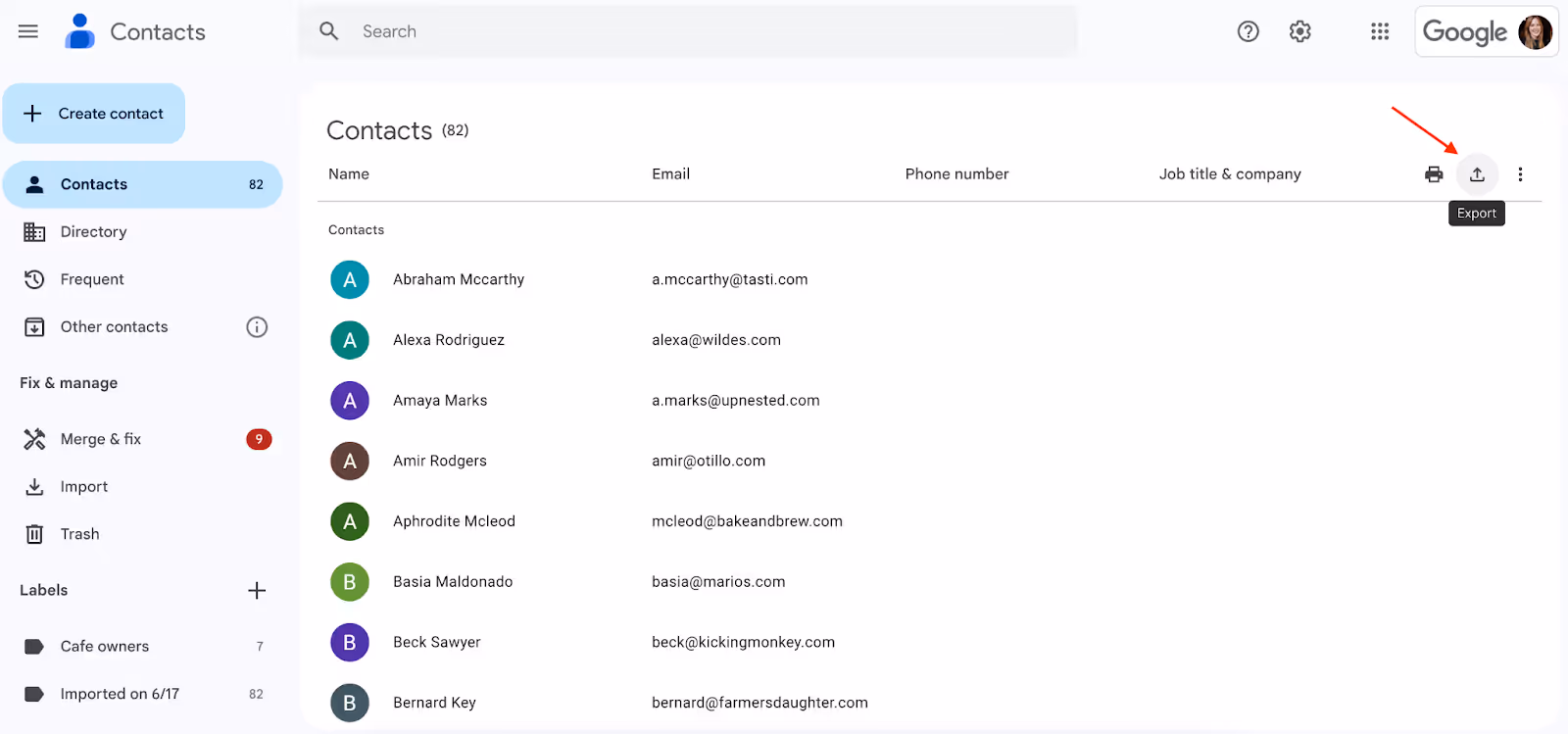 screenshot of Google Contacts page with a red arrow pointing at the Export icon at the upper right corner of the page