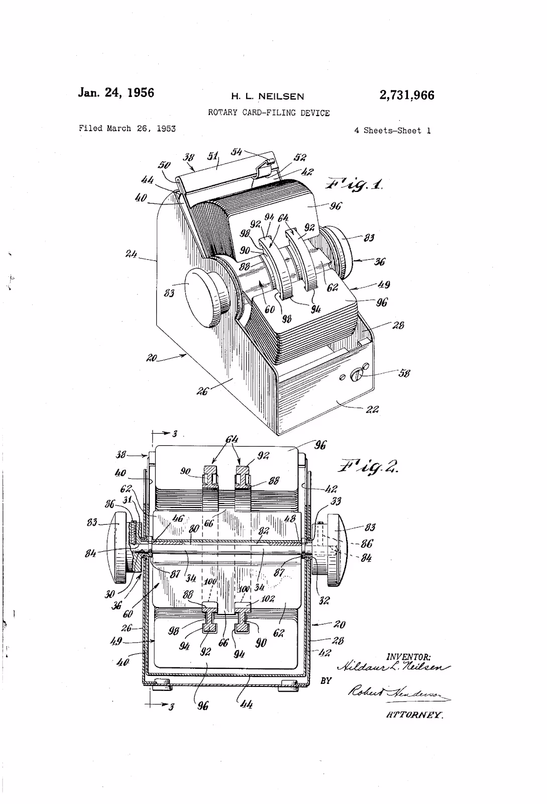 a sketch of a rolodex rotary card-filing device from the original patent by hildaur neilsen