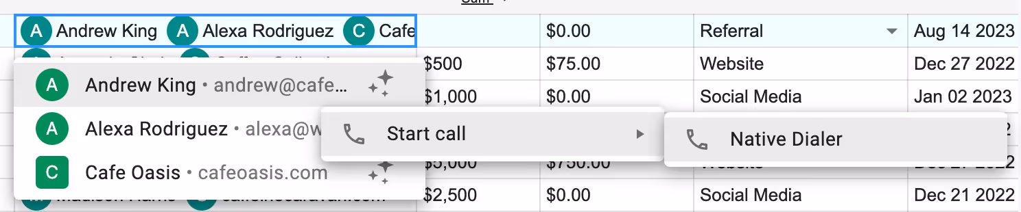 a screenshot of Streak's integration with Gmail showing a dedicated page about the contacts where you can see every interaction they’ve had with another team, including past sales calls and support tickets
