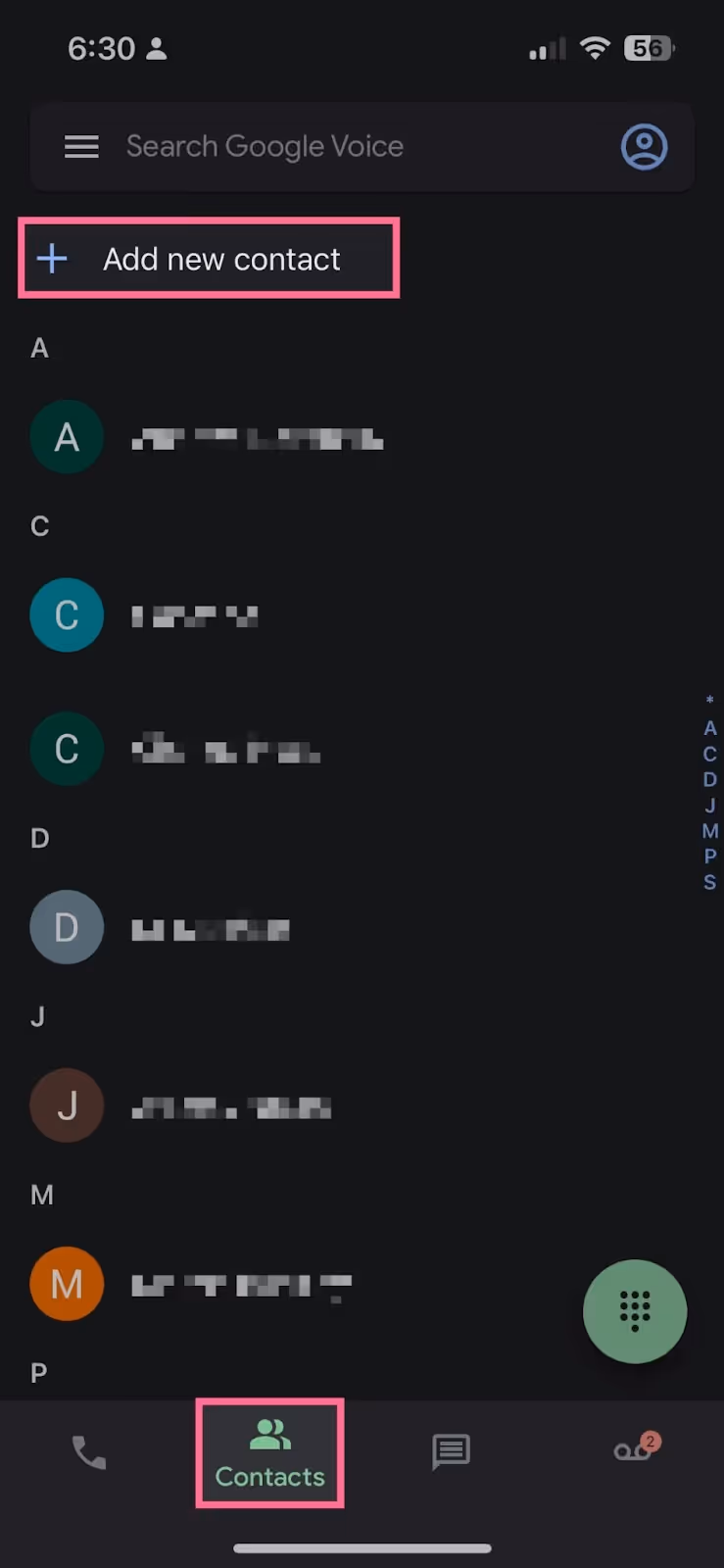 screenshot of Google Voice Contacts page on mobile device with Add new contact option at the top and Contacts icon at the bottom highlighted