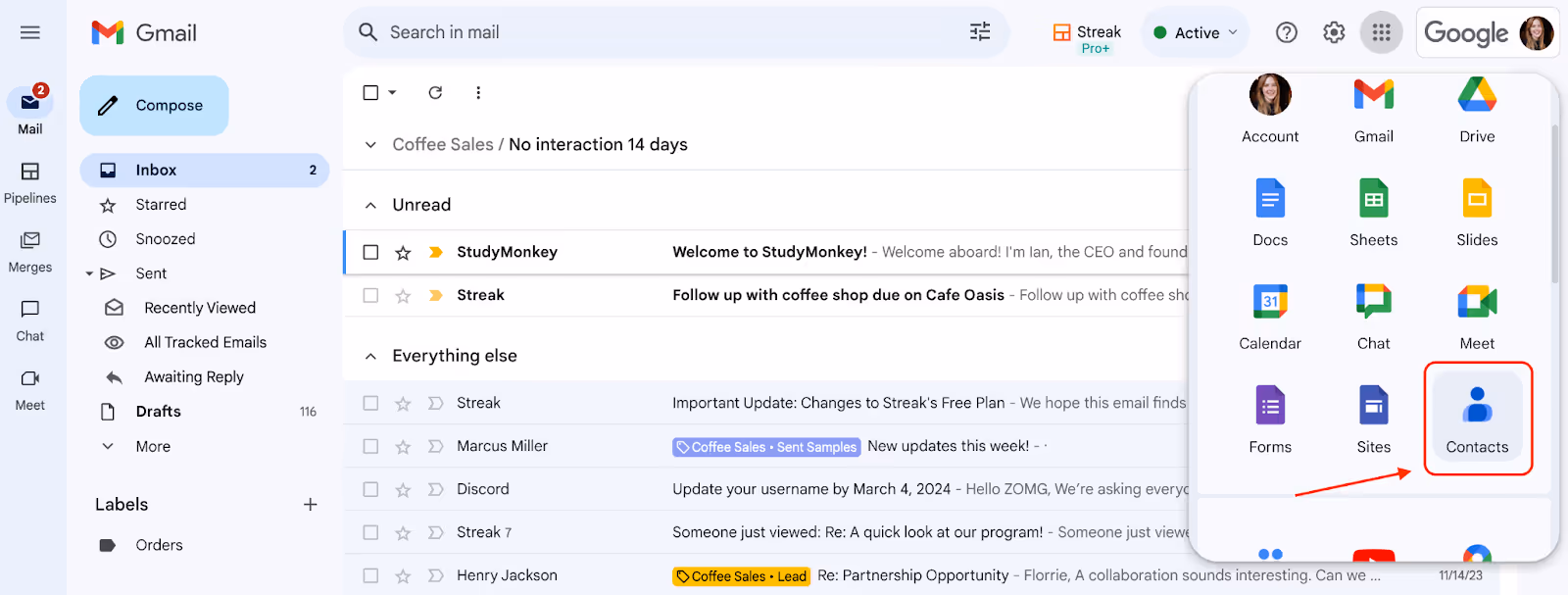 screenshot of Gmail inbox with the open Google Apps icon window and the Contacts icon highlighted