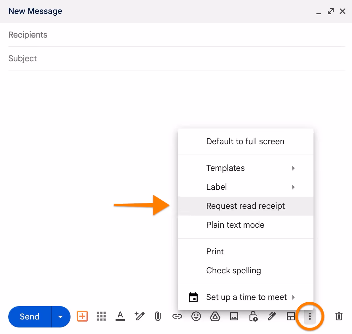 screenshot of the request read receipt menu option in a gmail draft compose window