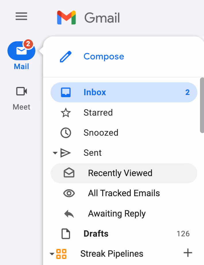 the menu in Gmail showing the Recently Viewed email folder under Sent section