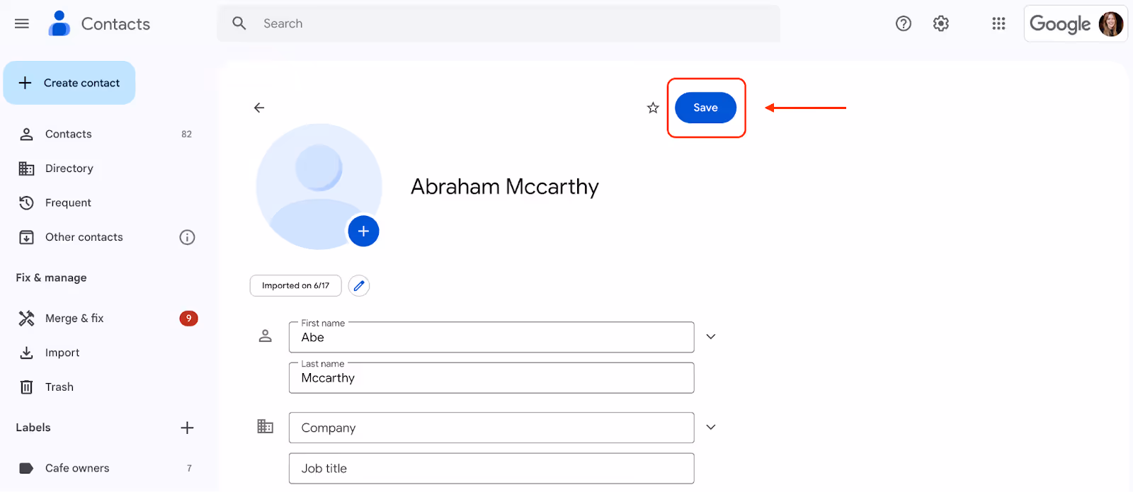 A screenshot of the Google Contacts page showing the edit view of a selected Google contact